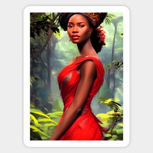 Safari Queen: Majestic African Woman in Red Feather Robe Sticker